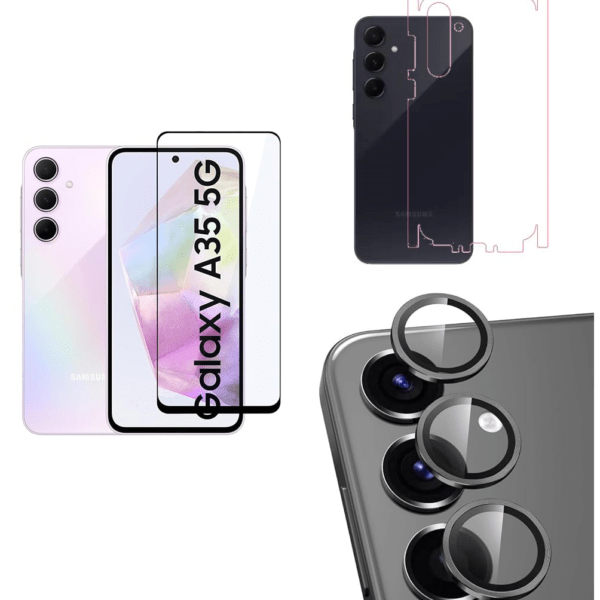 Tempered Glass for Samsung Galaxy A35 (5G) | Camera Lens (Black) | Back Membrane (Pack Of 3) Combo