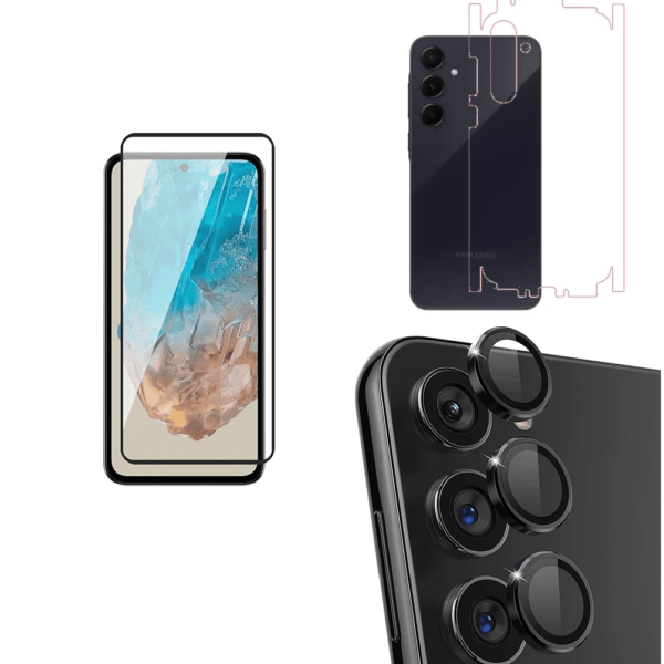 Samsung Galaxy, A55 5G Tempered glass | Camera Lens (Black) | Back Membrane (Pack Of 3) Combo
