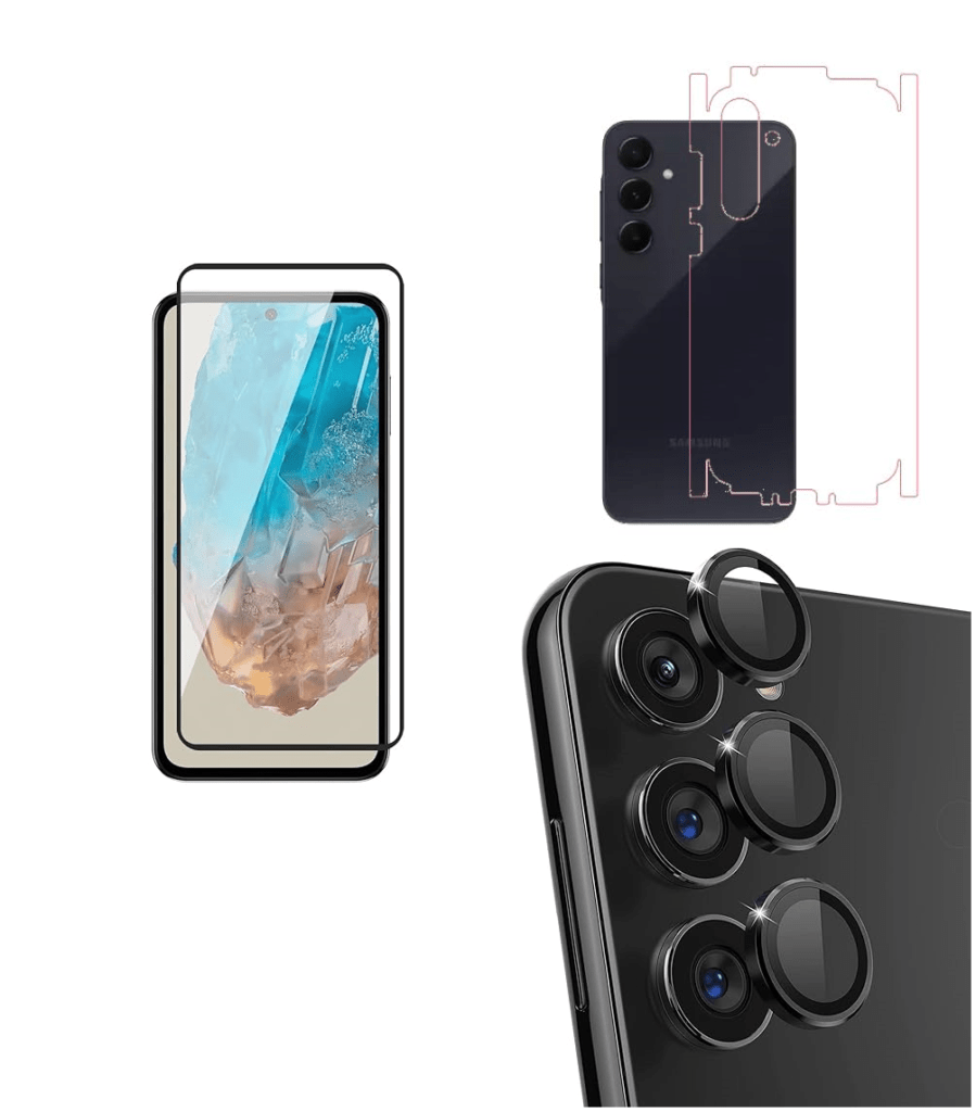 Samsung Galaxy, A55 5G Tempered glass | Camera Lens (Black) | Back Membrane (Pack Of 3) Combo