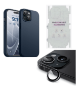 Silicone Bumper Case for iPhone 15 (Blue) | Camera Lens (Black) | Matte Finish Back Membrane screen Guard (Pack Of 3) Combo