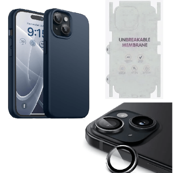 Silicone Bumper Case for iPhone 15 (Blue) | Camera Lens (Black) | Matte Finish Back Membrane screen Guard (Pack Of 3) Combo