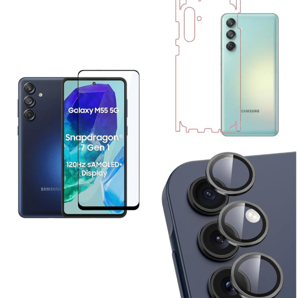 Tempered Glass for Samsung Galaxy M55 / M55s / F55 (5G) | Camera Lens (Black) | Back Membrane (Pack Of 3) Combo
