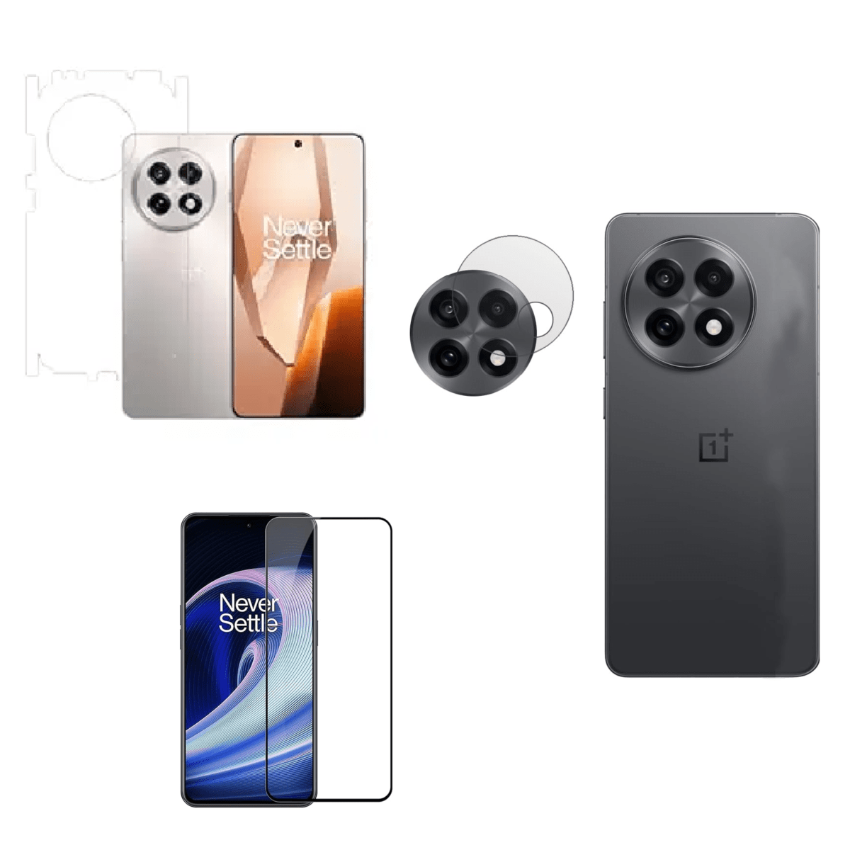 Tempered Glass Compatible with OnePlus 13R | Camera Lens (Black) | Back Membrane (Pack Of 3) Combo