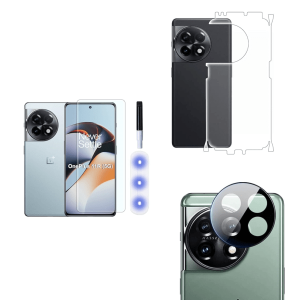 OnePlus 11R (5G) UV Tempered Glass | Screen Protector | Camera Lens (Black) | Back Membrane (Pack Of 3) Combo