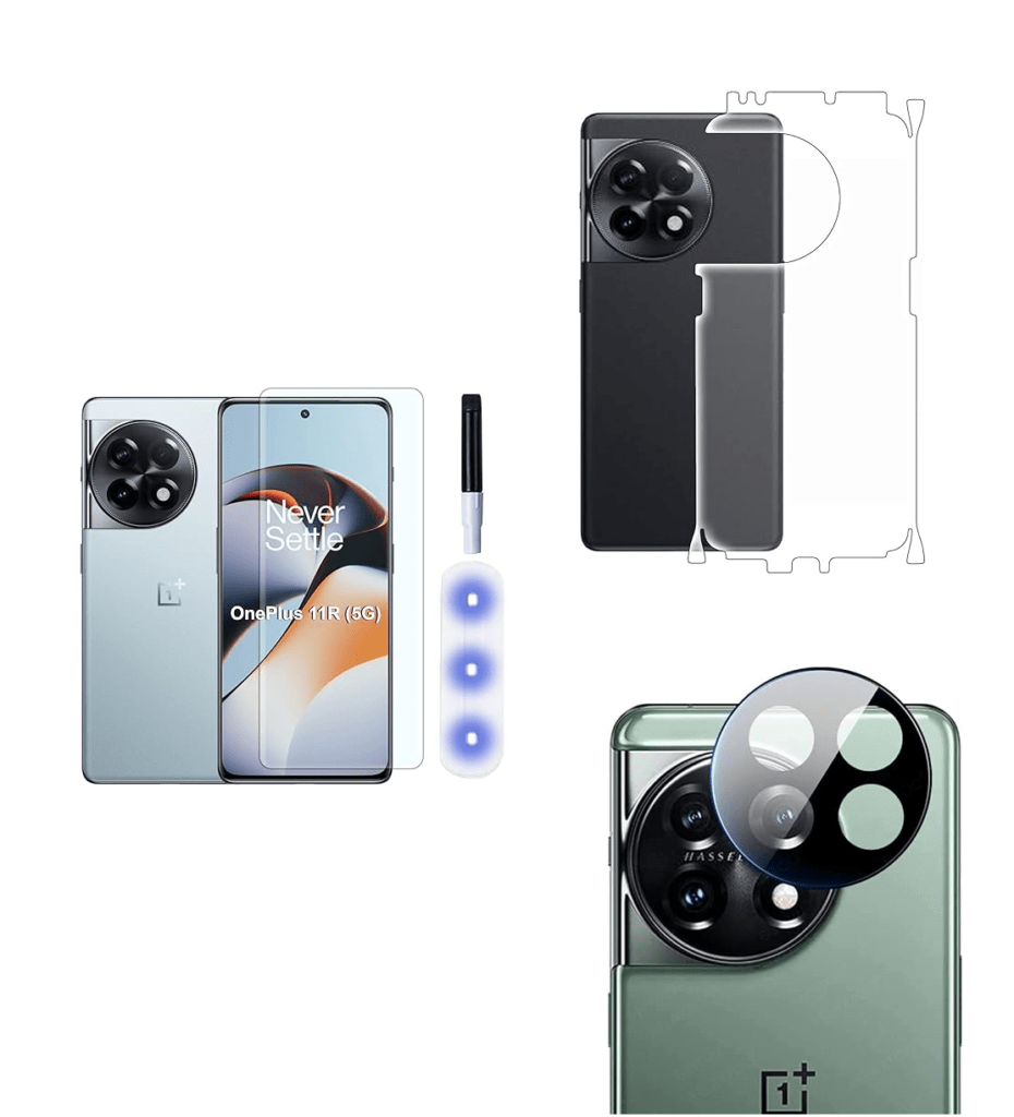 OnePlus 11R (5G) UV Tempered Glass | Screen Protector | Camera Lens (Black) | Back Membrane (Pack Of 3) Combo
