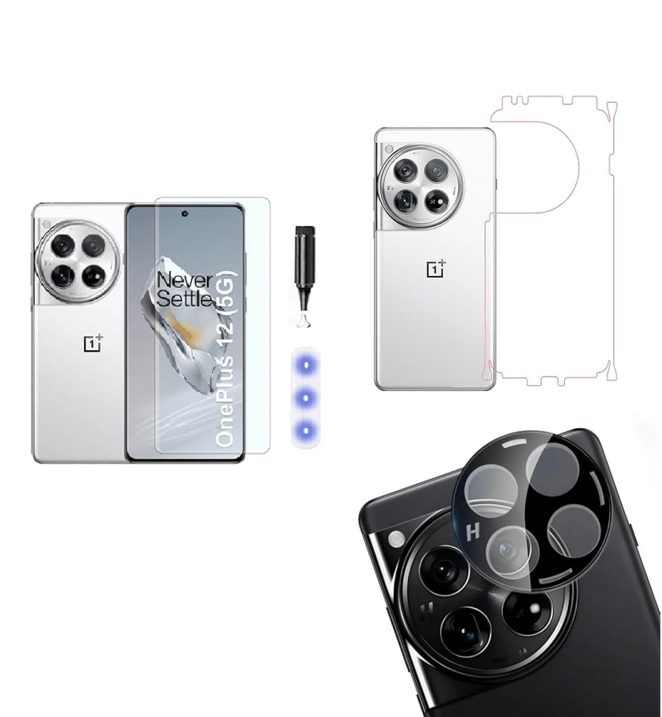 UV Curved Tempered Glass for OnePlus 12 5G | Camera Lens (Black) | Back Membrane (Pack Of 3) Combo