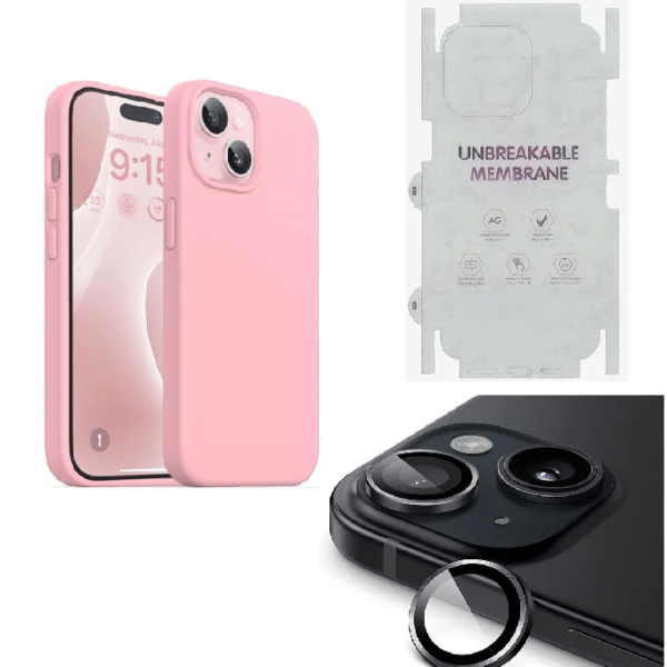 Silicone Bumper Case for iPhone 15 (Pink) | Camera Lens (Black) | Matte Finish Back Membrane screen Guard (Pack Of 3) Combo