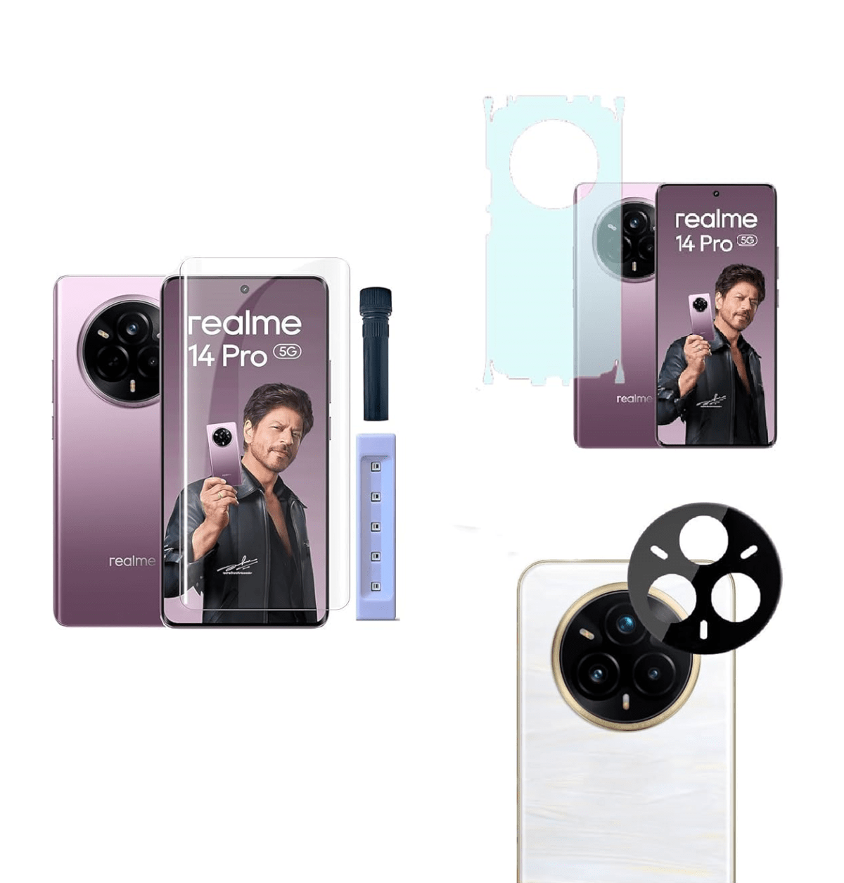 UV Tempered Glass Design for Realme 14 Pro 5G | Camera Lens (Black) | Back Membrane (Pack Of 3) Combo