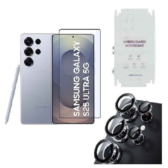 Tempered Glass for Samsung Galaxy S25 Ultra (5G) | Camera Lens (Black) | Back Membrane (Pack Of 3) Combo