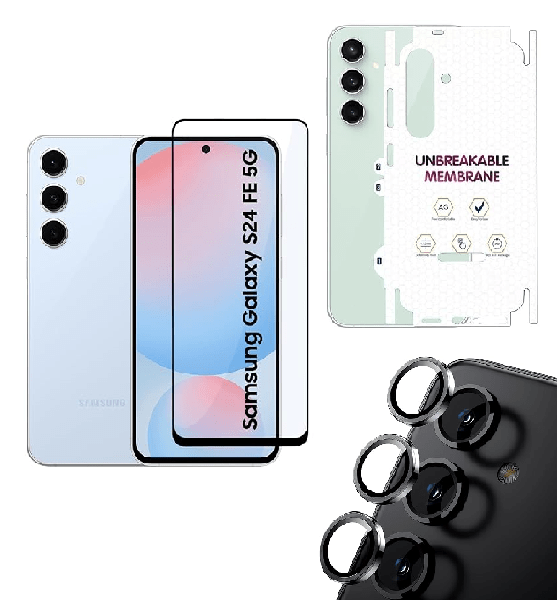 Tempered Glass for Samsung Galaxy S24 FE (5G) | Camera Lens (Black) | Back Membrane (Pack Of 3) Combo