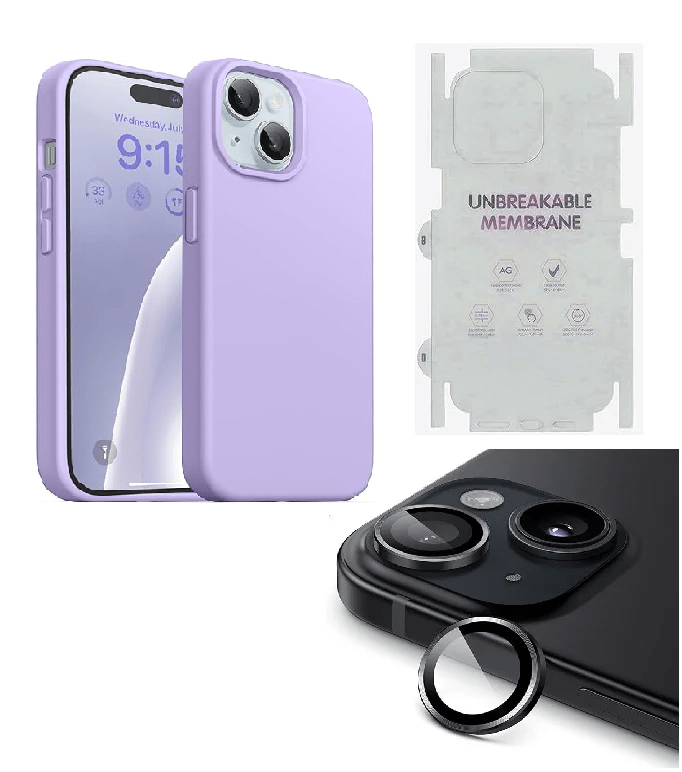 Silicone Bumper Case for iPhone 15 (PURPLE) | Camera Lens (Black) | Matte Finish Back Membrane screen Guard (Pack Of 3) Combo