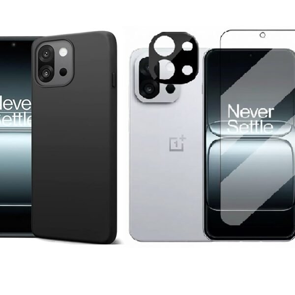 3 in 1 Combo Pack for OnePlus 13s 5G – Silicone Black (Back Cover + Camera Lens Protector + Tempered Glass)