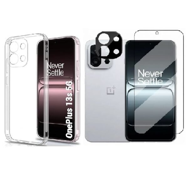 3 in 1 Combo Pack for OnePlus 13s 5G – Silicone Transparent Cover (Back Cover + Camera Lens Protector + Tempered Glass)