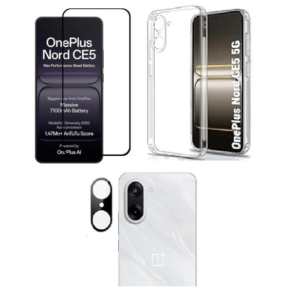 3 in 1 Combo Pack for OnePlus Nord CE 5 – Transparent Back Cover (Back Cover + Camera Lens Protector + Tempered Glass)