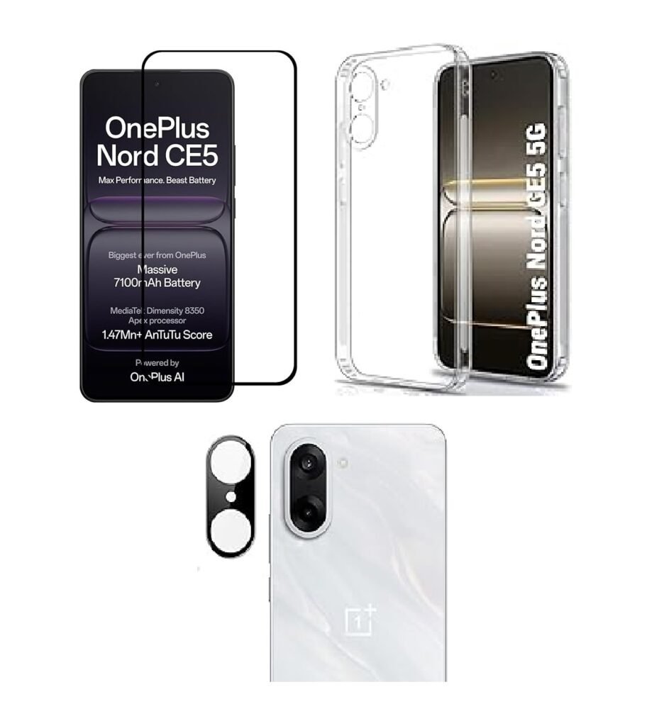 3 in 1 Combo Pack for OnePlus Nord CE 5 – Transparent Back Cover (Back Cover + Camera Lens Protector + Tempered Glass)