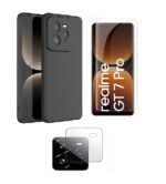 3 in 1 Combo Pack for Realme GT 7 Pro 5G – Silicone Black (Back Cover + Camera Lens Protector + Tempered Glass)