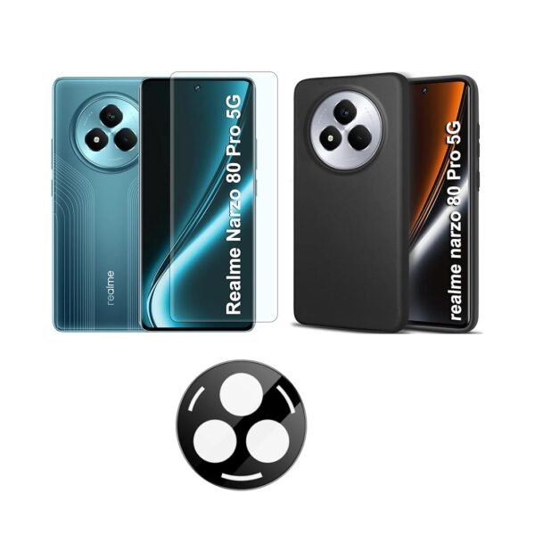 Realme Narzo 80 Pro 5G Silicone Black Back Cover + Tempered Glass + Camera Lens Protector Combo Pack