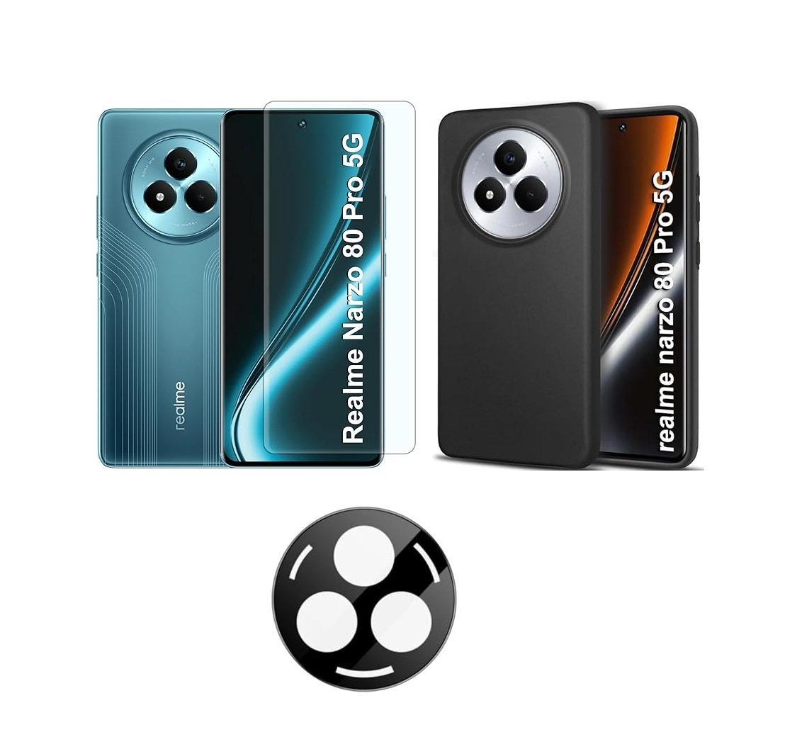 Realme Narzo 80 Pro 5G Silicone Black Back Cover + Tempered Glass + Camera Lens Protector Combo Pack Realme Narzo 80 Pro 5G Silicone Black Back Cover + Tempered Glass + Camera Lens Protector Combo Pack