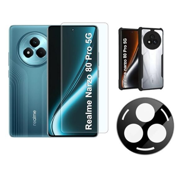 Realme Narzo 80 Pro 5G Eagle Clear Back Cover + Tempered Glass + Camera Lens Protector Combo pack.