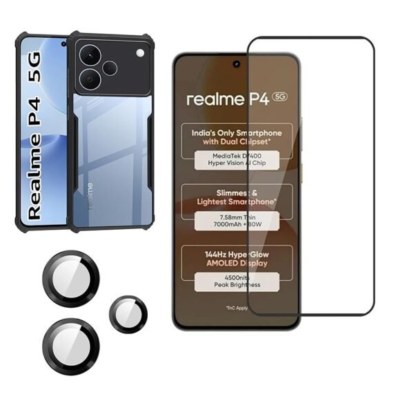 3 in 1 Combo Pack for Realme P4 5G – Eagle Black Cover (Back Cover + Camera Lens Protector + Tempered Glass)