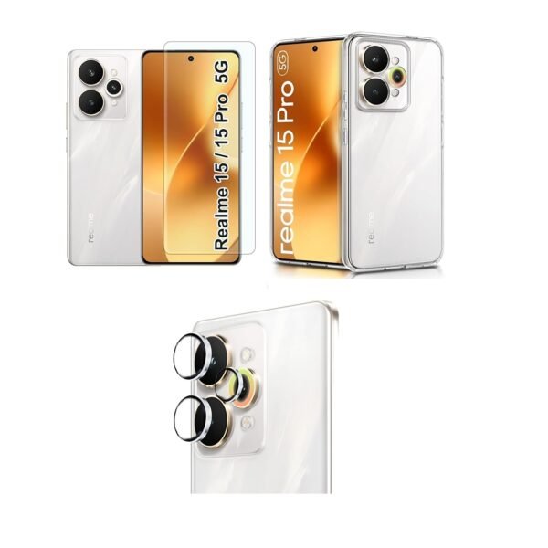 Realme 15 Pro 5G Transparent Back Cover + Tempered Glass + Camera Lens Protector Combo Pack.