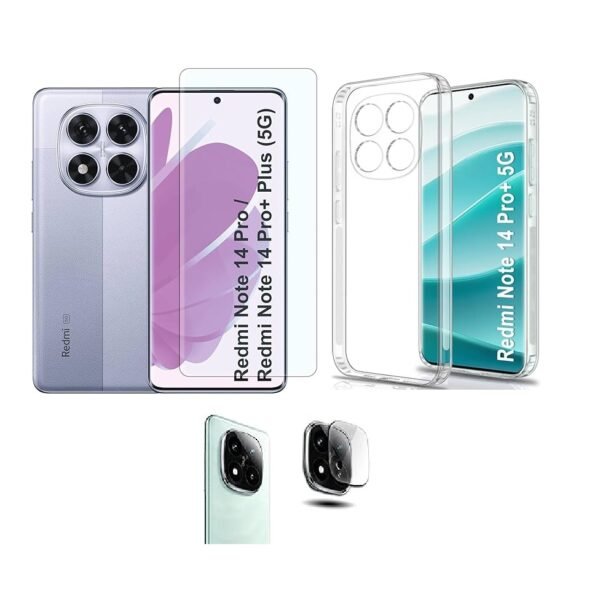 3 in 1 Combo Pack for Mi Redmi Note 14 Pro Plus 5G – Transparent Back Cover (Back Cover + Camera Lens Protector + Tempered Glass)
