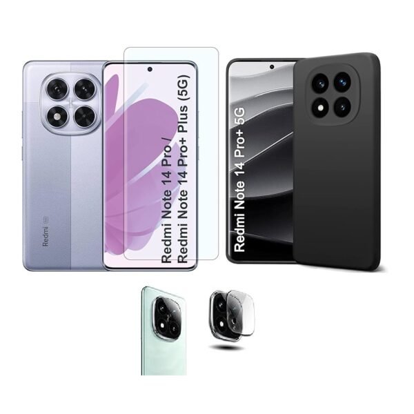 3 in 1 Combo Pack for Mi Redmi Note 14 Pro Plus 5G – Silicone Black Cover (Back Cover + Camera Lens Protector + Tempered Glass)