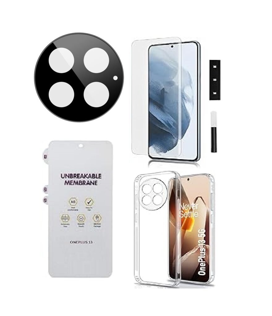 4 in 1 Combo Pack for OnePlus 13 –Transparent (Back Cover + Camera Lens Protector + Tempered Glass + Unbreakable Membrane)