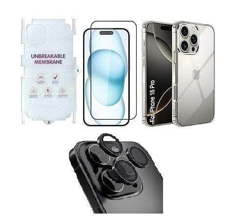 4 in 1 Premium Combo Pack for iPhone 16 Pro – Transparent (Back Case + Camera Lens Protector + Tempered Glass + Unbreakable Membrane)