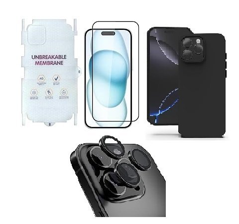 4 in 1 Premium Combo Pack for iPhone 16 Pro – Black (Back Case + Camera Lens Protector + Tempered Glass + Unbreakable Membrane)