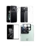4 in 1 Combo Pack for OnePlus 10T 5G –Transparent (Back Cover + Camera Lens Protector + Tempered Glass + Unbreakable Membrane)