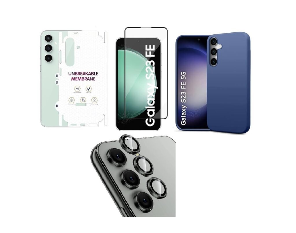 Silicone Soft Back Cover Case for Samsung Galaxy S23 FE 5G (Blue)\ Camera Lens Protector\ Membrane Scratch Guard\ Tempered Glass (4 In 1 Combo)