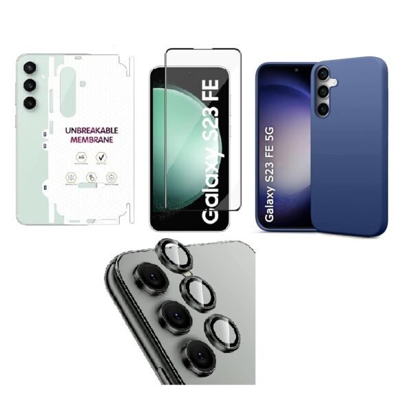 Silicone Soft Back Cover Case for Samsung Galaxy S23 FE 5G (Blue)\ Camera Lens Protector\ Membrane Scratch Guard\ Tempered Glass (4 In 1 Combo)