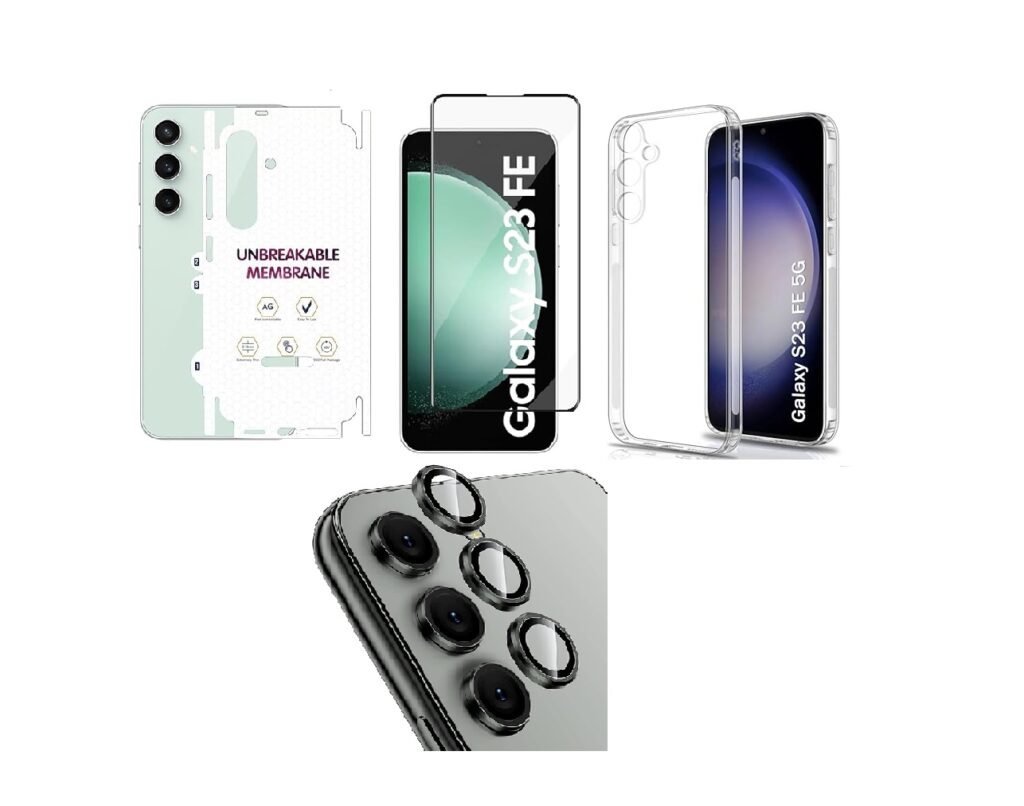 Silicone Soft Back Cover Case for Samsung Galaxy S23 FE 5G (Transparent)\ Camera Lens Protector\ Membrane Scratch Guard\ Tempered Glass (4 In 1 Combo)