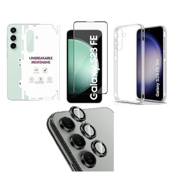 Silicone Soft Back Cover Case for Samsung Galaxy S23 FE 5G (Transparent)\ Camera Lens Protector\ Membrane Scratch Guard\ Tempered Glass (4 In 1 Combo)