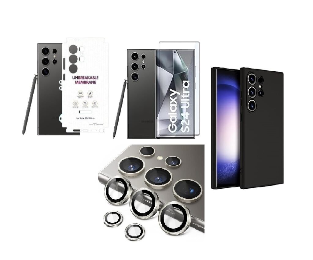 Silicone Soft Back Cover Case for Samsung Galaxy S24 Ultra 5G (Black)\ Camera Lens Protector\ Membrane Scratch Guard\ Tempered Glass (4 in 1 Combo) Silicone Soft Back Cover Case for Samsung Galaxy S24 Ultra 5G (Black)\ Camera Lens Protector\ Membrane Scratch Guard\ Tempered Glass (4 in 1 Combo)