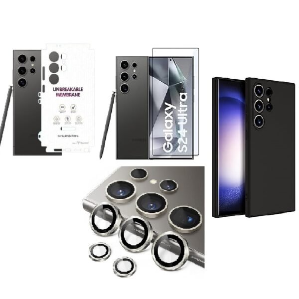 Silicone Soft Back Cover Case for Samsung Galaxy S24 Ultra 5G (Black)\ Camera Lens Protector\ Membrane Scratch Guard\ Tempered Glass (4 in 1 Combo) Silicone Soft Back Cover Case for Samsung Galaxy S24 Ultra 5G (Black)\ Camera Lens Protector\ Membrane Scratch Guard\ Tempered Glass (4 in 1 Combo)