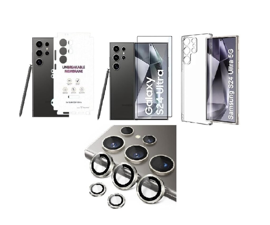 Silicone Soft Back Cover Case for Samsung Galaxy S24 Ultra 5G (Transparent)\ Camera Lens Protector\ Membrane Scratch Guard\ Tempered Glass (4  in 1 Combo) Silicone Soft Back Cover Case for Samsung Galaxy S24 Ultra 5G (Transparent)\ Camera Lens Protector\ Membrane Scratch Guard\ Tempered Glass (4  in 1 Combo)