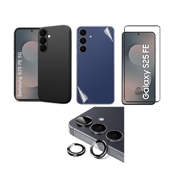 Silicone Soft Back Cover Case for Samsung Galaxy S25 FE (Black)\ Camera Lens Protector\ Membrane Scratch Guard\ Tempered Glass (4 Combo)