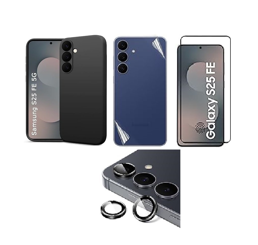 Silicone Soft Back Cover Case for Samsung Galaxy S25 FE (Black)\ Camera Lens Protector\ Membrane Scratch Guard\ Tempered Glass (4 Combo) Silicone Soft Back Cover Case for Samsung Galaxy S25 FE (Black)\ Camera Lens Protector\ Membrane Scratch Guard\ Tempered Glass (4 Combo)