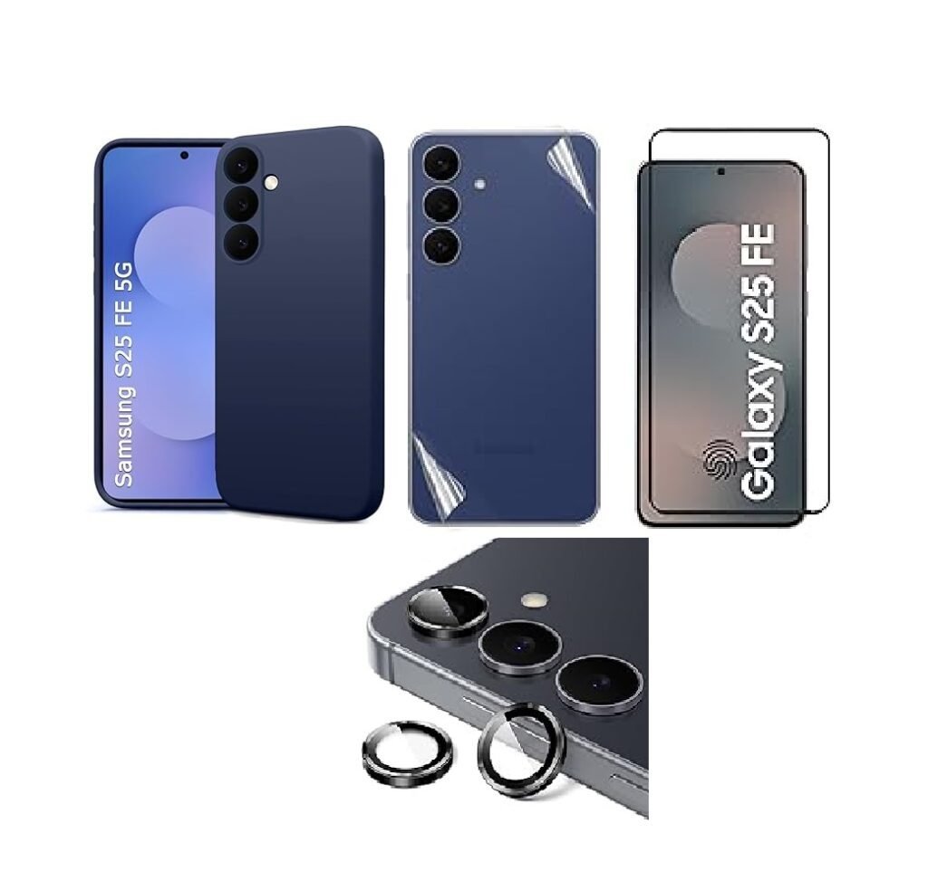 Silicone Soft Back Cover Case for Samsung Galaxy S25 FE (Blue)\ Camera Lens Protector\ Membrane Scratch Guard\ Tempered Glass (4 Combo) Silicone Soft Back Cover Case for Samsung Galaxy S25 FE (Blue)\ Camera Lens Protector\ Membrane Scratch Guard\ Tempered Glass (4 Combo)