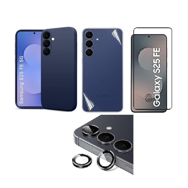 Silicone Soft Back Cover Case for Samsung Galaxy S25 FE (Blue)\ Camera Lens Protector\ Membrane Scratch Guard\ Tempered Glass (4 Combo)