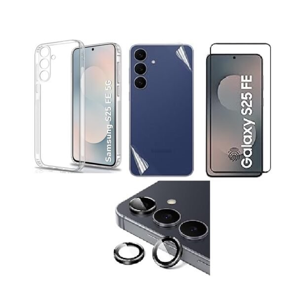 Silicone Soft Back Cover Case for Samsung Galaxy S25 FE (Transparent)\ Camera Lens Protector\ Membrane Scratch Guard\ Tempered Glass (4 Combo)
