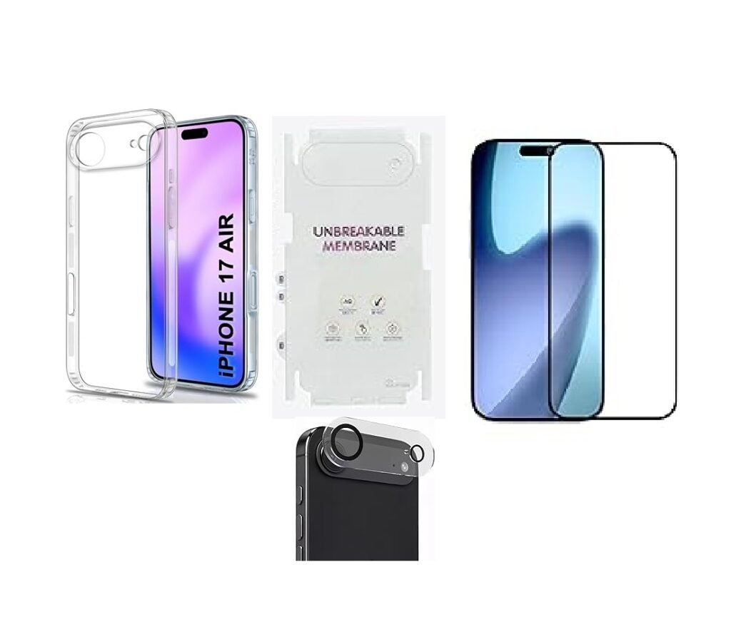 4 in 1 Combo Pack for iPhone 17 Air – Transparent (Back Cover + Camera Lens Protector + Tempered Glass + Unbreakable Membrane) 4 in 1 Combo Pack for iPhone 17 Air – Transparent (Back Cover + Camera Lens Protector + Tempered Glass + Unbreakable Membrane)