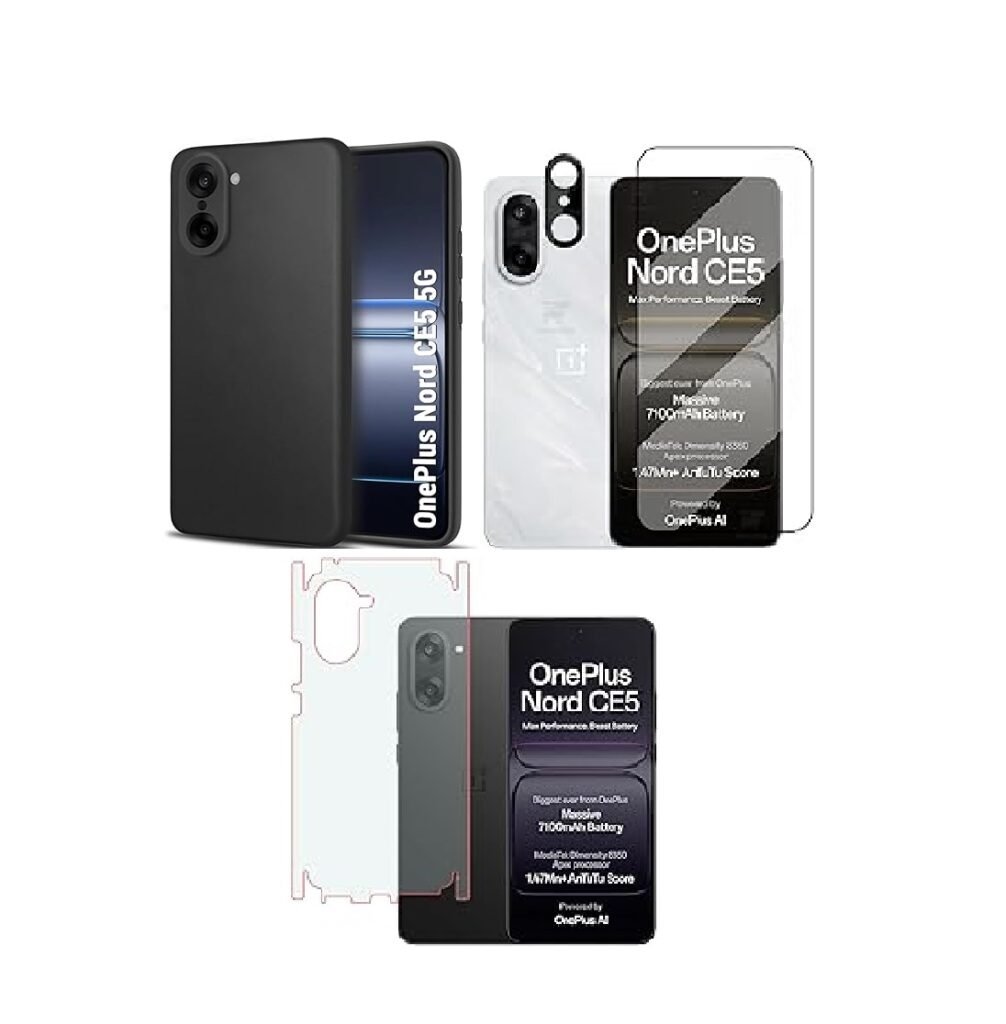4 in 1 Combo Pack for OnePlus Nord CE 5 5G –Black (Back Cover + Camera Lens Protector + Tempered Glass + Unbreakable Membrane)