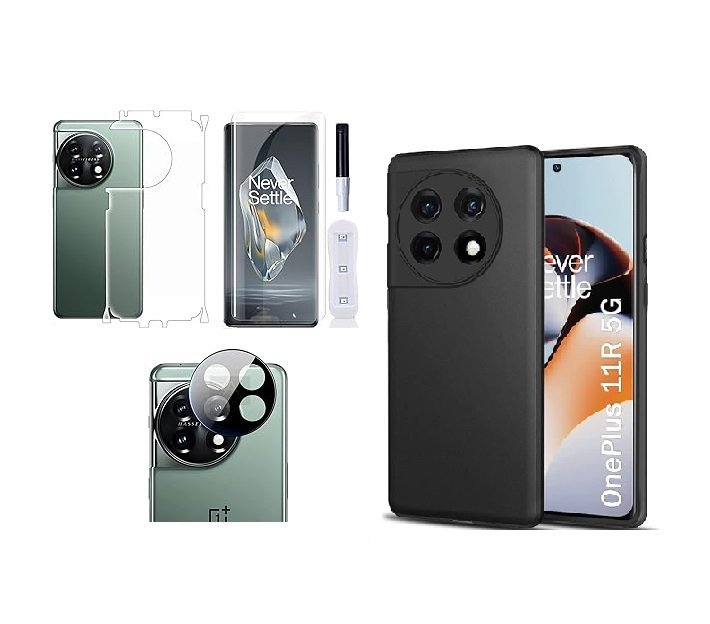 4 in 1 Combo Pack for OnePlus 11R 5G –Black (Back Cover + Camera Lens Protector + Tempered Glass + Unbreakable Membrane)