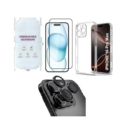 4 in 1 Premium Combo Pack for iPhone 16 Pro Max – Transparent (Back Case + Camera Lens Protector + Tempered Glass + Unbreakable Membrane)