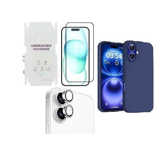4 in 1 Premium Combo Pack for iPhone 16 – Blue (Back Case + Camera Lens Protector + Tempered Glass + Unbreakable Membrane)