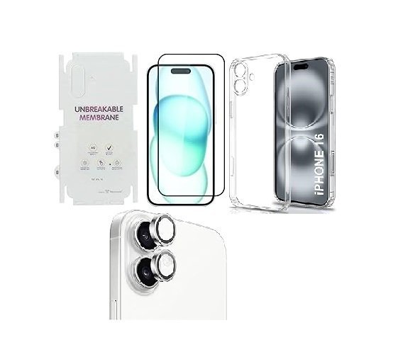 4 in 1 Premium Combo Pack for iPhone 16 – Transparent (Back Case + Camera Lens Protector + Tempered Glass + Unbreakable Membrane)
