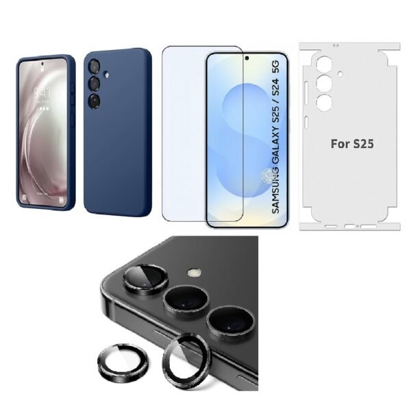 Silicone Soft Back Cover Case for Samsung Galaxy S25 5G (Blue)\ Camera Lens Protector\ Membrane Scratch Guard\ Tempered Glass (4 Combo)